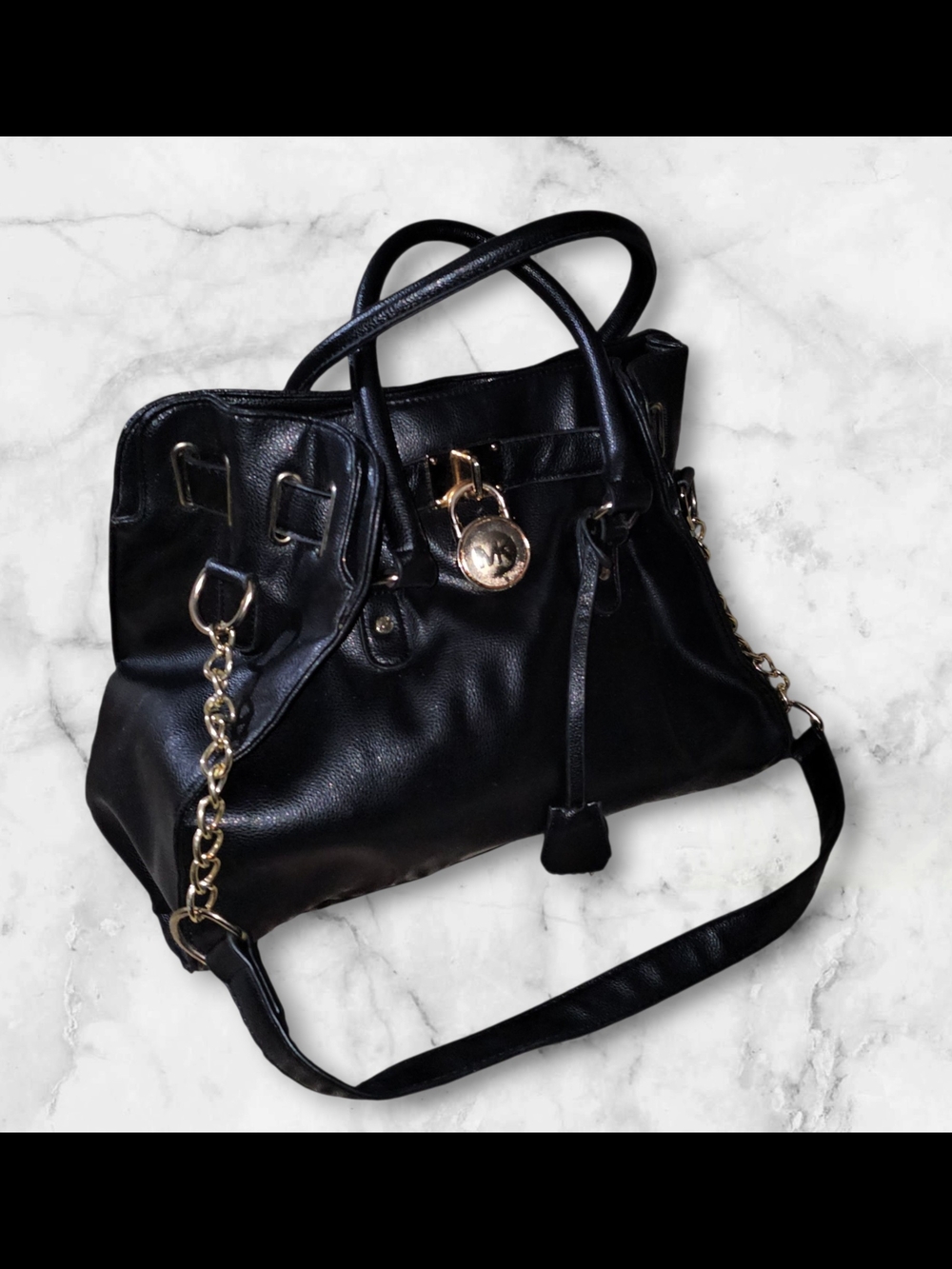 Michael Kors Black Leather Satchel with Gold Accents